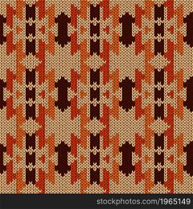 Geometrical ornate seamless knitted vector pattern as a fabric texture in orange and brown colors