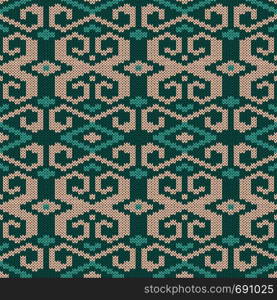 Geometrical ornate seamless knitted vector pattern as a fabric texture in turquoise and beige colors