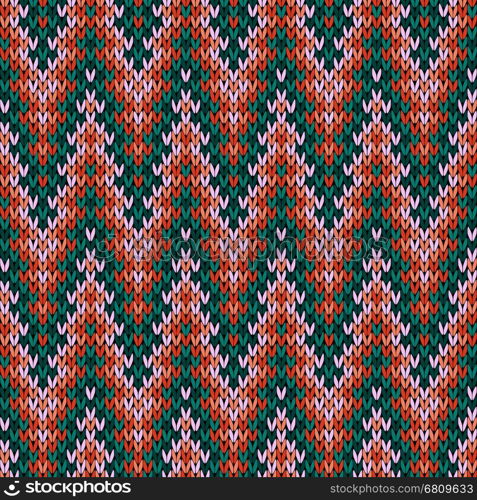 Geometrical ornate zigzag knitted seamless vector pattern as a fabric texture in turquoise, orange, green and pink colors