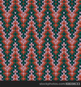 Geometrical ornate zigzag knitted seamless vector pattern as a fabric texture in turquoise, orange, green and pink colors