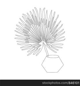 Geometrical plant pot with palmetto leaf in black outline on white background. Tropical plants on background. Postcard, banner, app design. . Geometrical plant pot with palmetto leaf in black outline on white background