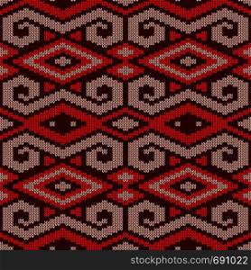 Geometrical seamless knitted vector pattern as a fabric texture in red and beige colors