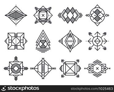 Geometrical shapes. Abstract triangles art, jewelry geometric shape and line cosmic star. Geometry logotype, hipster tattoo sketch or decoration ornament. Isolated vector illustration signs set. Geometrical shapes. Abstract triangles art, jewelry geometric shape and line cosmic star vector illustration set