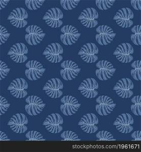 Geometrical tropical seamless pattern with blue monstera leaves. Botanical foliage plants wallpaper. Exotic hawaiian backdrop. Design for fabric, textile print, wrapping, cover. Vector illustration. Geometrical tropical seamless pattern with blue monstera leaves.