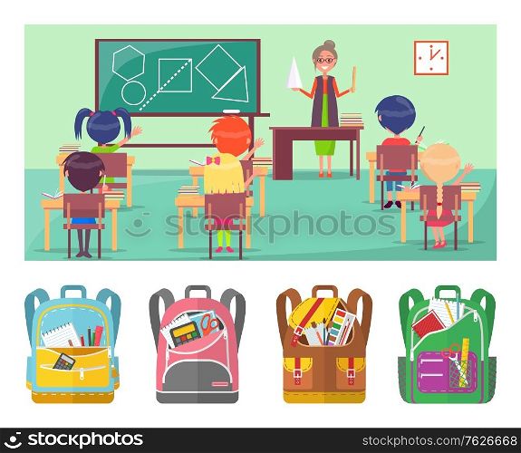 Geometry educational lesson in primary school. Teacher explaining material for pupils. Under picture placed backpacks with stationery vector illustration. Back to school concept. Flat cartoon. Geometry Educational Lesson in School for Pupils