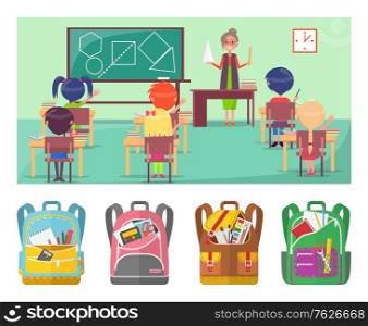 Geometry educational lesson in primary school. Teacher explaining material for pupils. Under picture placed backpacks with stationery vector illustration. Back to school concept. Flat cartoon. Geometry Educational Lesson in School for Pupils