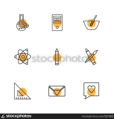 geometry , flask  ,beaker , nuclear , pen , pencil , bowl , computer , science , message , icon, vector, design,  flat,  collection, style, creative,  icons