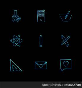 geometry , flask ,beaker , nuclear , pen , pencil , bowl , computer , science , message , icon, vector, design, flat, collection, style, creative, icons