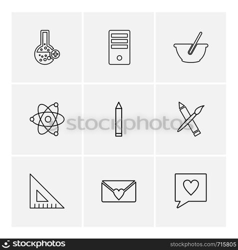 geometry , flask ,beaker , nuclear , pen , pencil , bowl , computer , science , message , icon, vector, design, flat, collection, style, creative, icons