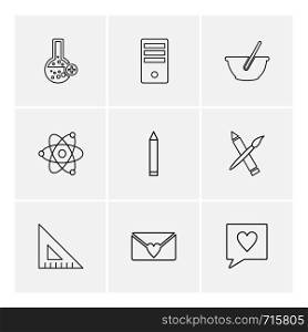 geometry , flask ,beaker , nuclear , pen , pencil , bowl , computer , science , message , icon, vector, design, flat, collection, style, creative, icons