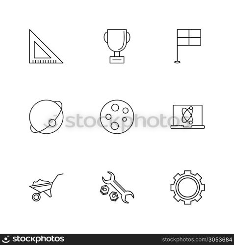 Geometry scale, trophy , flag , planet , germs plate , laptop , trolley , wrench , nuts , gear ,icon, vector, design, flat, collection, style, creative, icons