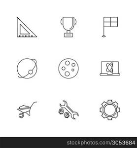 Geometry scale, trophy , flag , planet , germs plate , laptop , trolley , wrench , nuts , gear ,icon, vector, design, flat, collection, style, creative, icons