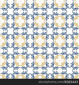 Geometry seamless pattern in Portugal style yellow and blue ornament. Azulejo vector, fashion interior design tiles. Ornamental textile background. Azulejo blue and yellow seamless pattern