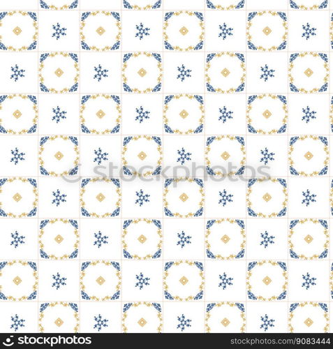 Geometry seamless pattern in Portugal style yellow and blue ornament. Azulejo vector, fashion interior design tiles. Ornamental textile background. Azulejo blue and yellow seamless pattern