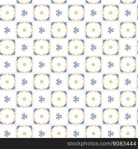 Geometry seamless pattern in Portugal style yellow and blue ornament. Azulejo vector, fashion interior design tiles. Ornamental textile background. Azulejo blue and yellow seamless pattern
