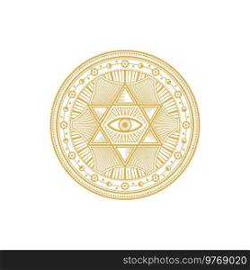 Geometry tarot sacred mystic occult ancient talisman, alchemy magic symbol isolated. Vector spiritual eye, freemason mystic circle, esoteric mason amulet. Spiritual mandala, moroccan vintage coin. Magic sacred symbol with eye, esoteric ornaments