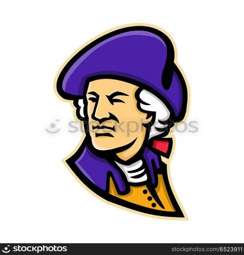 George Washington Mascot. Mascot icon illustration of head of an American statesman, soldier, first president of the United States and Founding Father, George Washington viewed from side on isolated background in retro style.. George Washington Mascot