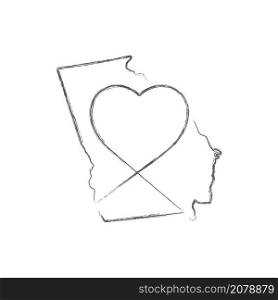 Georgia US state hand drawn pencil sketch outline map with heart shape. Continuous line drawing of patriotic home sign. A love for a small homeland. T-shirt print idea. Vector illustration.. Georgia US state hand drawn pencil sketch outline map with the handwritten heart shape. Vector illustration