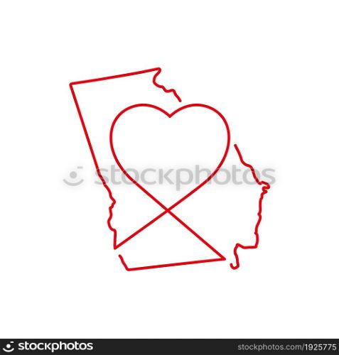 Georgia US state red outline map with the handwritten heart shape. Continuous line drawing of patriotic home sign. A love for a small homeland. T-shirt print idea. Vector illustration.. Georgia US state red outline map with the handwritten heart shape. Vector illustration