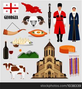 Georgian traditional symbols and sights set collection with food, architecture, symbols and traditional cloyhing. Vector illustration. Georgian traditional symbols and sights set