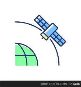 Geostationary Satellite blue, green RGB color icon. Rotation of celestial bodies in geostationary orbit. Thin line customizable illustration. Isolated vector illustration. Simple filled line drawing. Geostationary Satellite blue, green RGB color icon