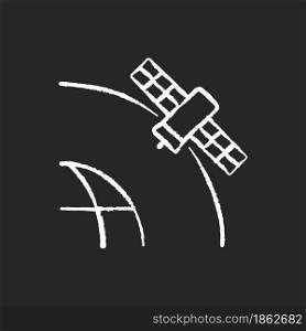 Geostationary Satellite chalk white icon on dark background. Rotation of celestial bodies in geostationary orbit. Satellite orbits, trajectories. Isolated vector chalkboard illustration on black. Geostationary Satellite chalk white icon on dark background