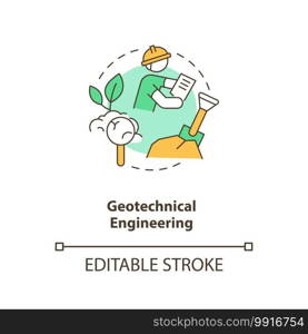 Geotechnical engineering concept icon. Construction site investigation. Engineer work. Civil engineering idea thin line illustration. Vector isolated outline RGB color drawing. Editable stroke. Geotechnical engineering concept icon