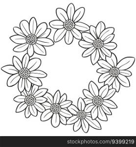 Gerbera wreath doodle sketch style. Round wreath of daisies. Circular floral rim for card, invitation, decoration, vector illustration. Gerbera wreath doodle sketch style
