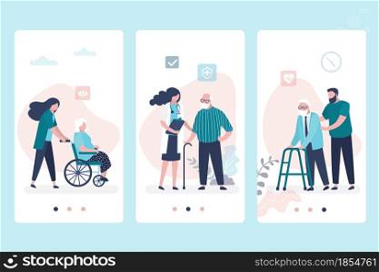 Geriatric care. Application pages template. Medical consultation. Woman doctor and old people. Clinic room interior with furniture. Sick elderly persons. Patient in hospital. Vector illustration. Geriatric care. Application pages template. Medical consultation. Woman doctor and old people.