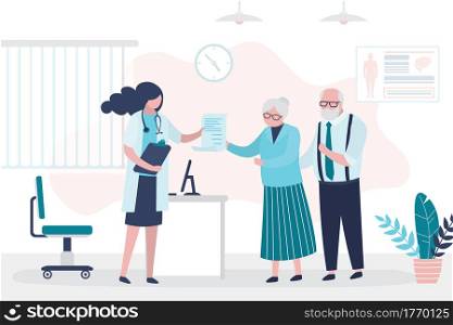 Geriatric care banner. Medical consultation, woman doctor gives prescription to old people. Clinic room interior with furniture. Sick elderly couple. Patients in hospital. Flat vector illustration. Medical consultation, woman doctor gives prescription to old people. Clinic room interior with furniture. Sick elderly couple.