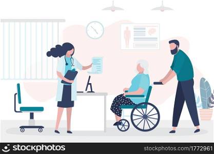 Geriatric care. Medical consultation, woman doctor gives prescription to grandmother on wheelchair. Clinic room interior with furniture. Sick elderly person. Patient in hospital. Vector illustration. Medical consultation, woman doctor gives prescription to grandmother on wheelchair. Clinic room interior with furniture. Sick elderly person.