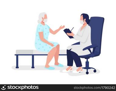 Geriatric physician accepting elderly patient semi flat color vector characters. Full body people on white. Geriatric care isolated modern cartoon style illustration for graphic design and animation. Geriatric physician accepting elderly patient semi flat color vector characters