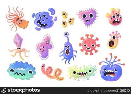 Germ character. Cartoon virus or microbe cell with funny faces. Cute caricature flu disease bacteria. Isolated microscopic monsters. Pathogen creature mascots. Vector infection microorganisms set. Germ character. Cartoon virus or microbe cell with funny faces. Caricature flu disease bacteria. Microscopic monsters. Pathogen creature mascots. Vector infection microorganisms set