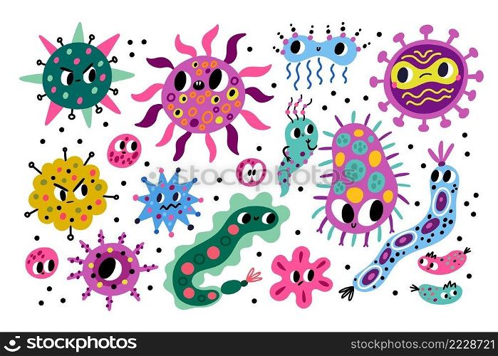 Germ characters. Cartoon bacteria and viruses. Kids comic style unicellular microorganisms. Harmful and beneficial microbes. Infectious bacterium. Biology and chemistry sciences. Vector pathogens set. Germ characters. Cartoon bacteria and viruses. Kids comic unicellular microorganisms. Harmful and beneficial microbes. Infectious bacterium. Biology and chemistry. Vector pathogens set
