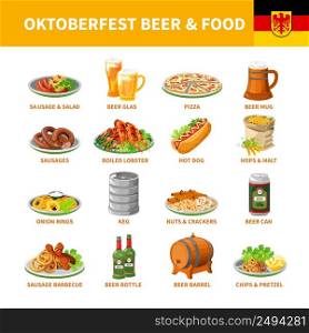 German annual oktoberfest traditional food snacks and beer flat icons collection with crayfish abstract isolated vector illustration. Oktoberfest Beer Food Flat Icons Set