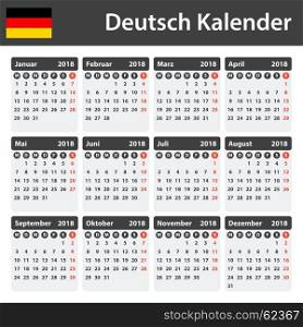 German Calendar for 2018. Scheduler, agenda or diary template. Week starts on Monday