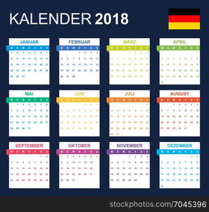 German Calendar for 2018. Scheduler, agenda or diary template. Week starts on Monday