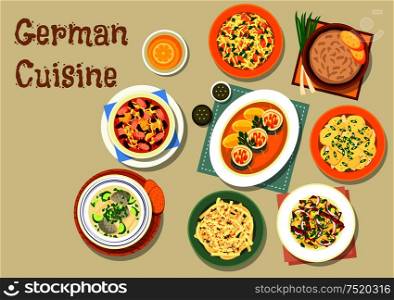 German cuisine bavarian dishes icon of pork and sauerkraut salad, vegetable sausage salad, fish soup, potato salad, herring roll, sauerkraut bean stew with frankfurter, cheese fruit salad. German cuisine icon with bavarian dishes