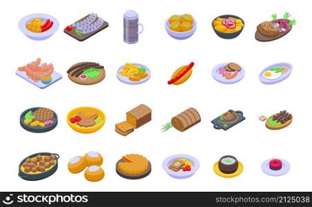 German cuisine icons set isometric vector. Cafe sausage. Chicken cooking. German cuisine icons set isometric vector. Cafe sausage