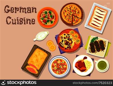 German cuisine lunch dishes icon with ham hock, pork roll, vegetable sausage stew, bacon pie, salmon in flaky dough, pork ribs sauerkraut stew, sherry strudel, brussel sprout soup with noodle. German cuisine lunch icon for menu design
