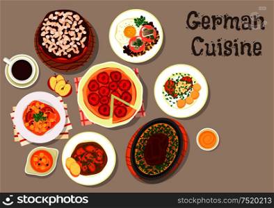 German cuisine sausage soup icon served with pork schnitzel, beef steak with omelette, stewed pork chops, corned beef hash with fried egg and herring, plum pie, layered cake with chocolate cream. German cuisine meat dishes with desserts icon