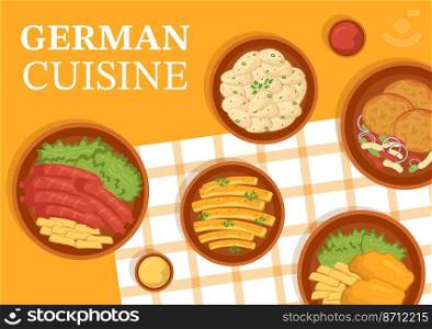 German Food Restaurant with Collection of Delicious Cuisine Traditional and Drinks in Flat Cartoon Hand Drawn Templates Illustration