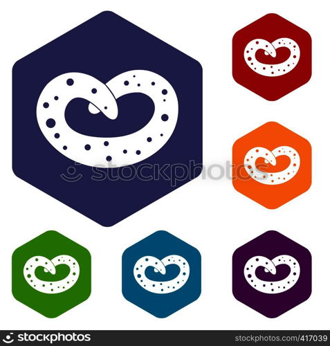 German pretzel icons set rhombus in different colors isolated on white background. German pretzel icons set