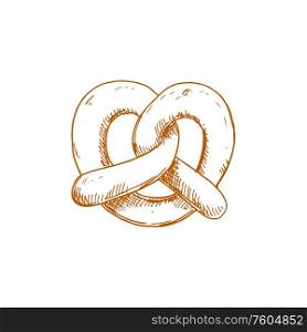German pretzel isolated monochrome sketch. Vector bakery food, pastry product, salty snack. Pretzel isolated hand drawn sketch, bakery product