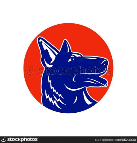 German Shepherd Silhouette Mascot. Sports mascot icon illustration of head of a German shepherd dog looking up viewed from side set inside circle on isolated background in retro woodocut style.. German Shepherd Silhouette Mascot