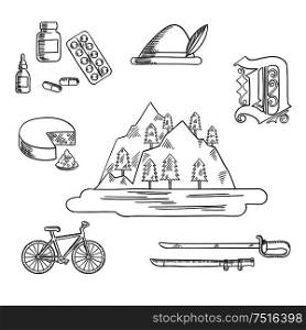 German travel and culture sketch icons with Alps mountain, forest and lake, surrounded by bavarian hat and cheese, medication and gothic german letter, bicycle and medieval sword. German culture and travel icons