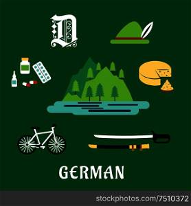 German travel flat icons with Alps mountain landscape, forest and lake, surrounded by bavarian hat and cheese, medication, gothic german letter, bicycle and medieval sword