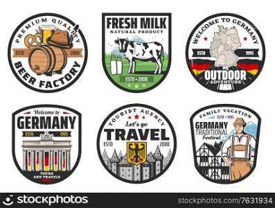 German travel landmark isolated icons, vector tourism of Germany. German flag, map and heraldic eagle, beer, hunter hat, Alpine meadow and milk cow, half timbered house, Brandenburg Gate, roman castle. German travel landmark isolated icons, tourism