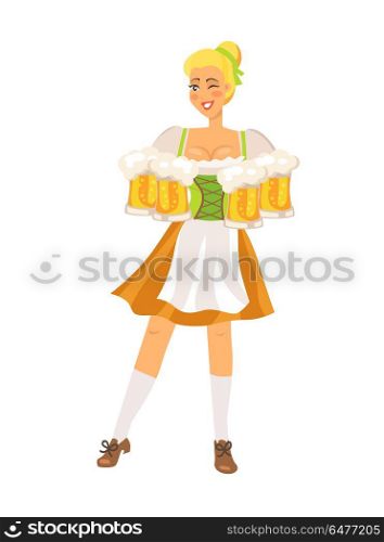 German Waitress on White Vector Illustration.. Smiling german waitress wearing traditional costume holding glasses of beer at beerfestival held in germany each year depicted on vector illustration.