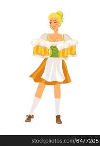 German Waitress on White Vector Illustration.. Smiling german waitress wearing traditional costume holding glasses of beer at beerfestival held in germany each year depicted on vector illustration.